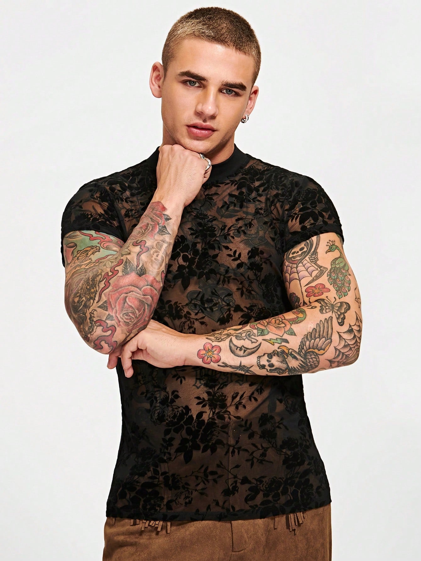 Men Floral Print Sheer Flocking Tee