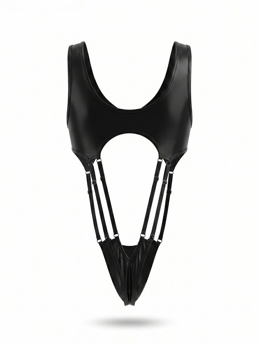 Black men's backless cross strap lingerie jumpsuit with ring detail and low rise thong design.