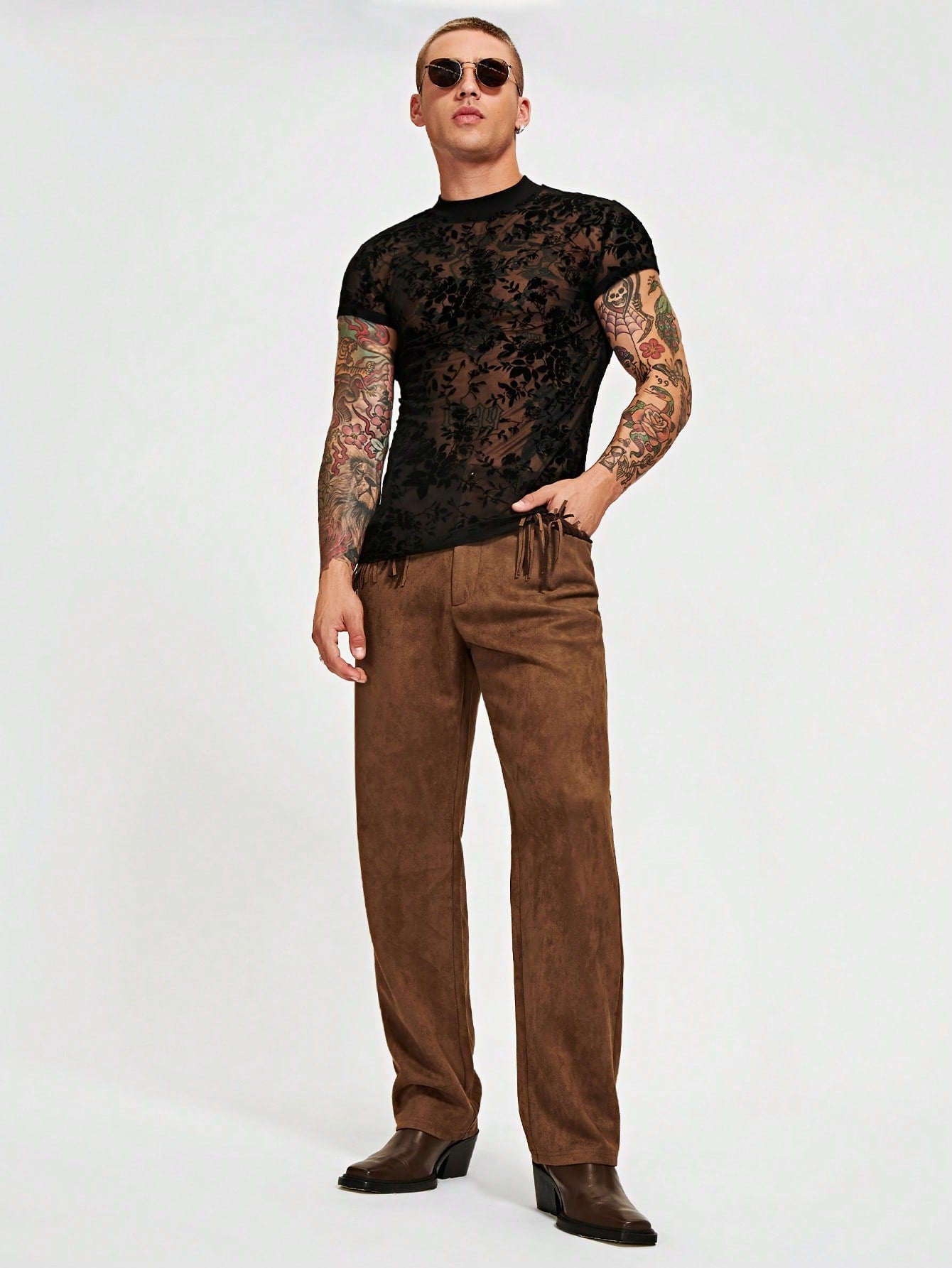 Men Floral Print Sheer Flocking Tee