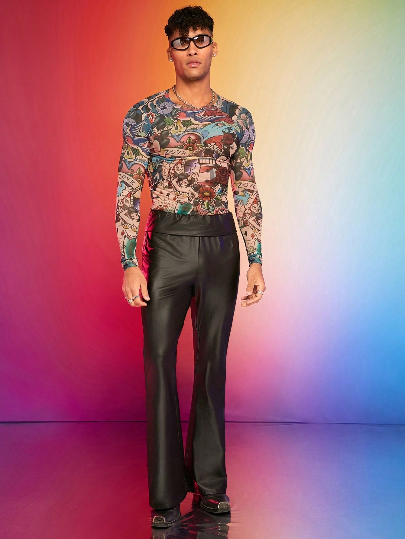 Men Funny Cartoon Print Slim Fit Long Sleeve T-Shirt