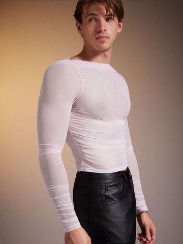 Men's Asymmetric Collar Sheer Long Sleeve Slim Fit T-Shirt