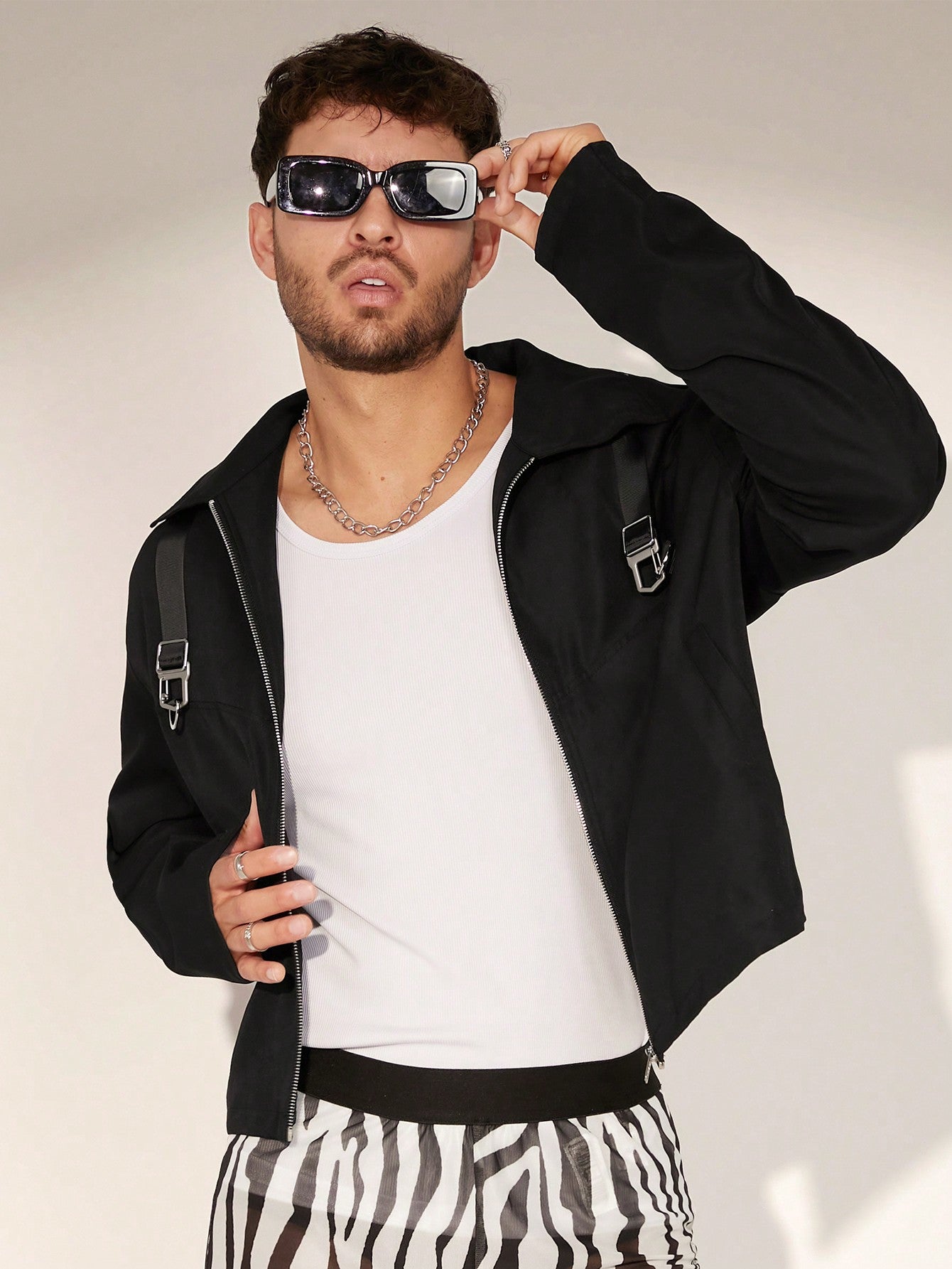 Men Buckle Detail Zip Up Jacket