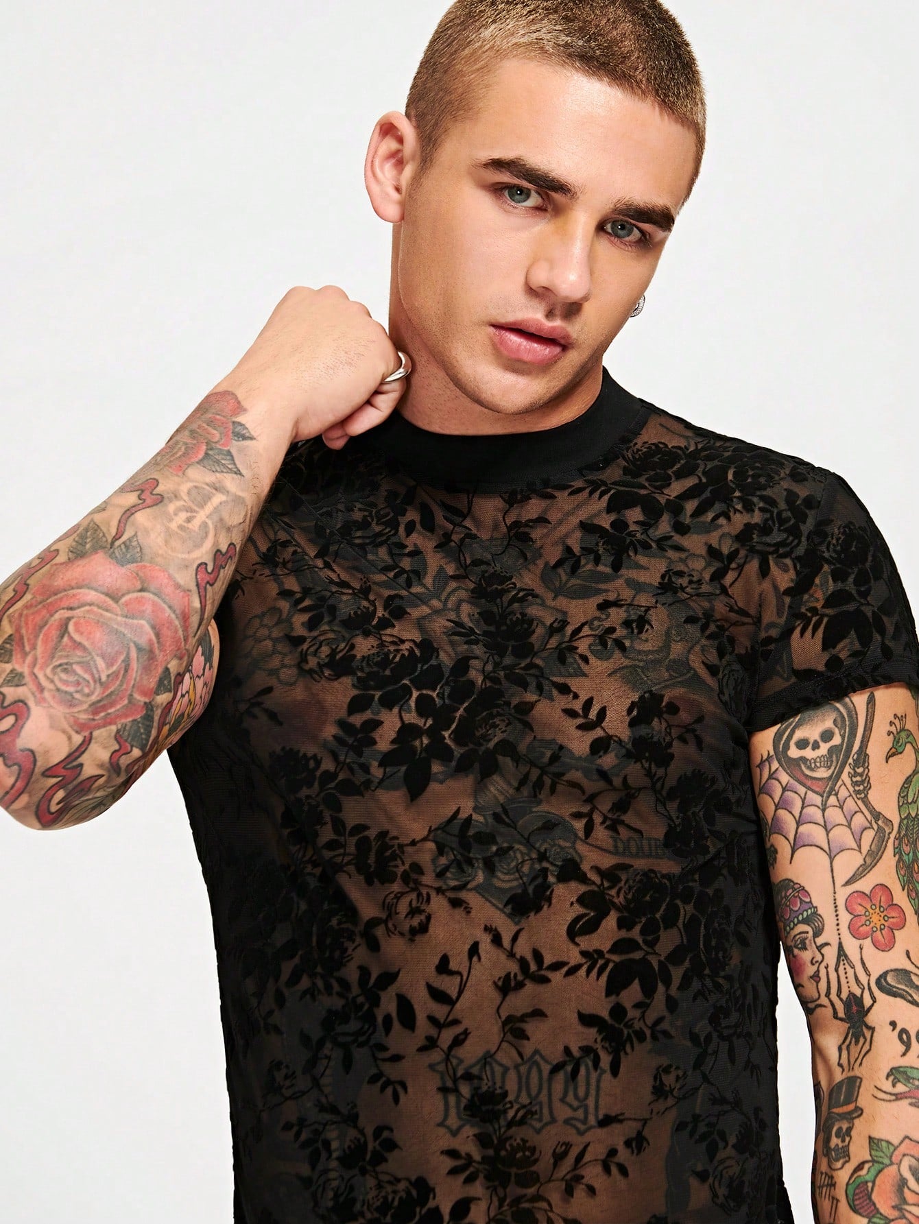 Men Floral Print Sheer Flocking Tee