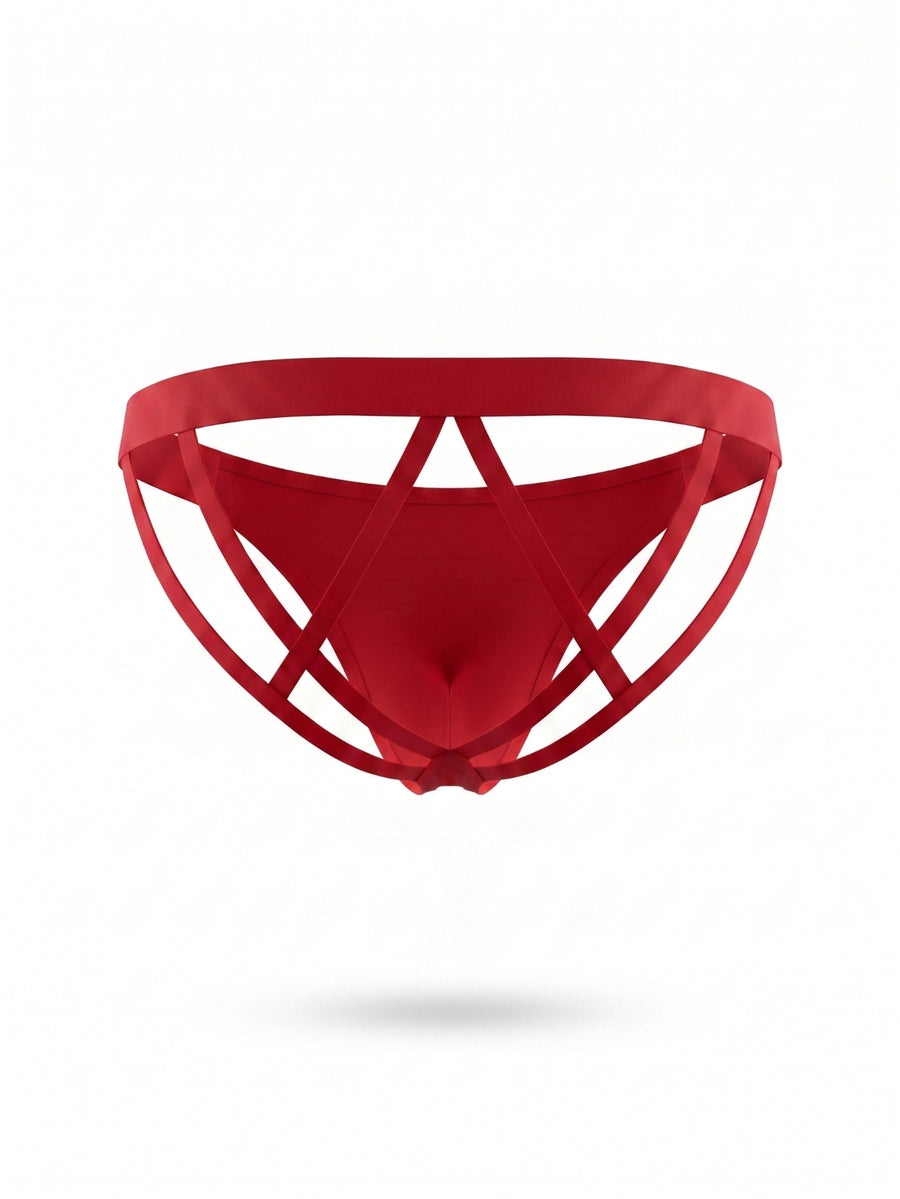 Men's low rise hollow jockstrap underwear crafted from solid black medium stretch knitted fabric.
