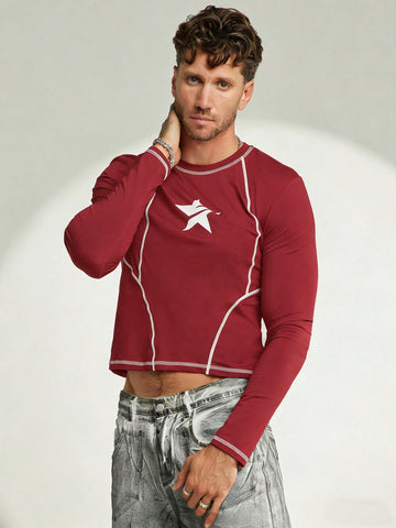 Men's Casual Fashion Street Star Print Contrast Stitch Long Sleeve Cropped T-Shirt