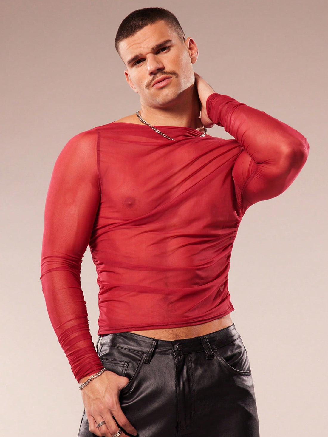 Men's Asymmetric Collar Sheer Long Sleeve Slim Fit T-Shirt