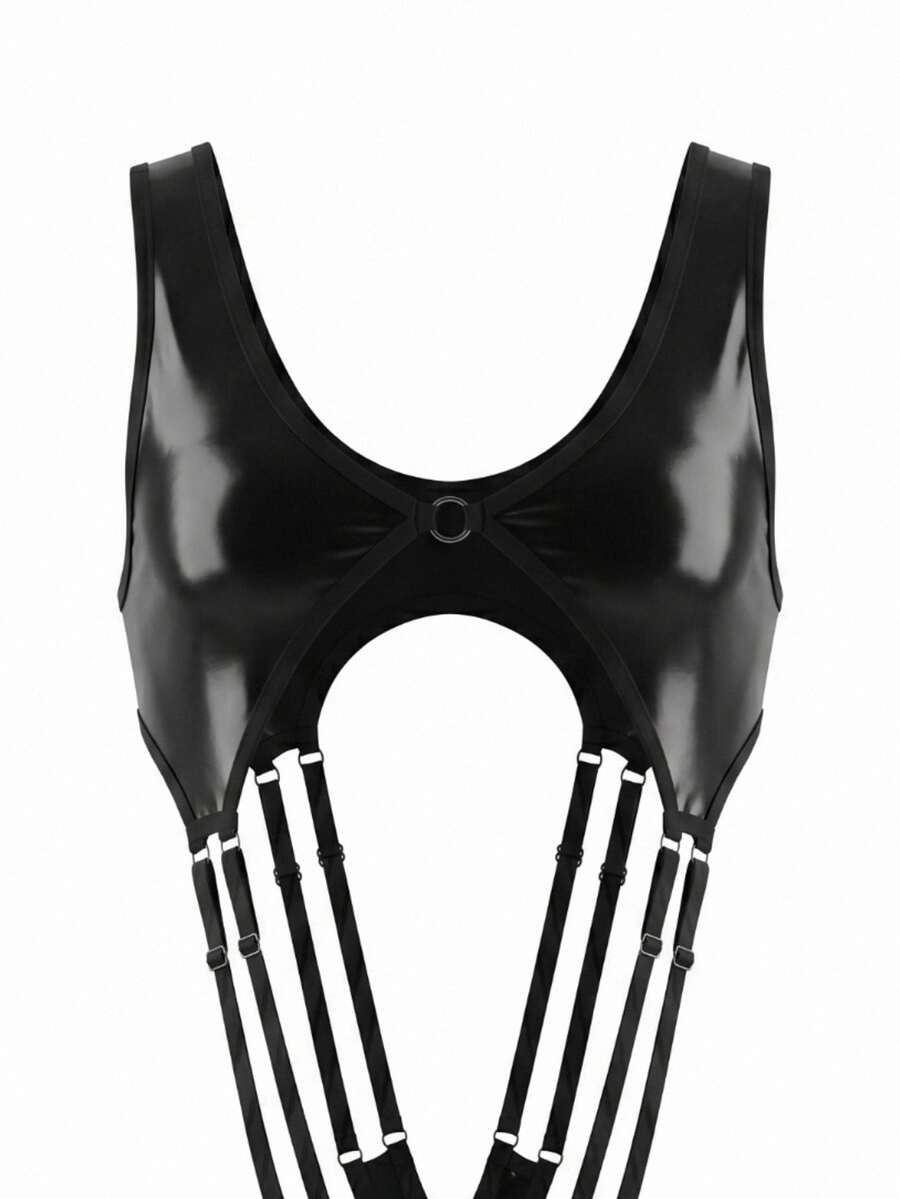 Black men's backless cross strap lingerie jumpsuit with ring detail and low rise thong design.