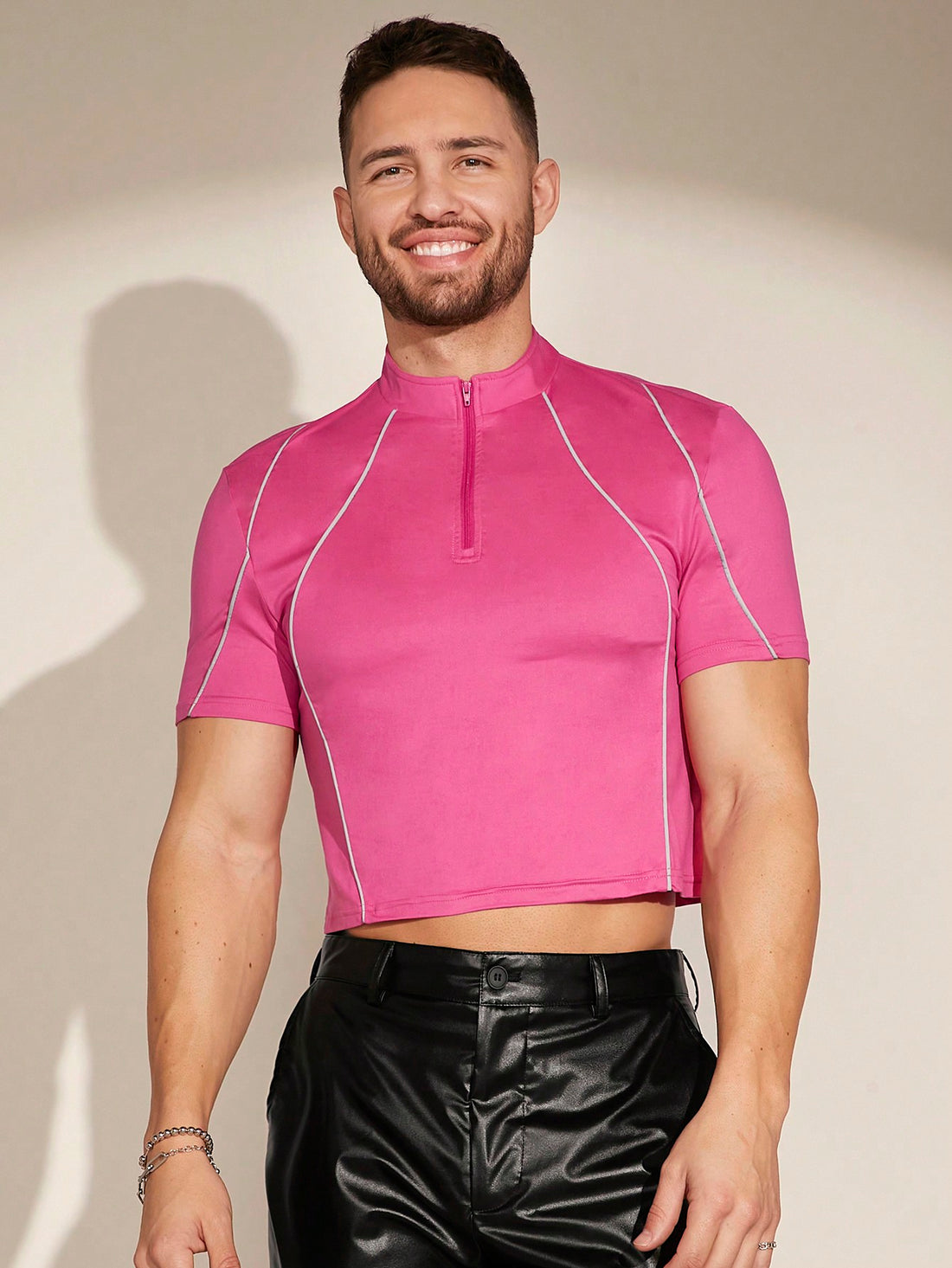 Men's Contrast Piping Zip Front Polo Shirt