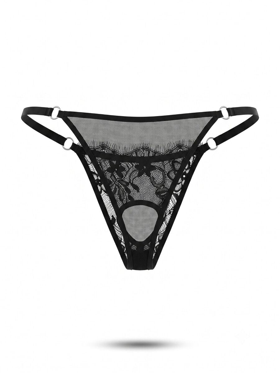 Men's black lace low rise thong featuring sheer plant pattern fabric and metal decor.