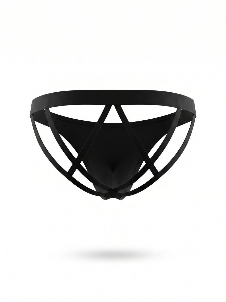 Men's low rise hollow jockstrap underwear crafted from solid black medium stretch knitted fabric.