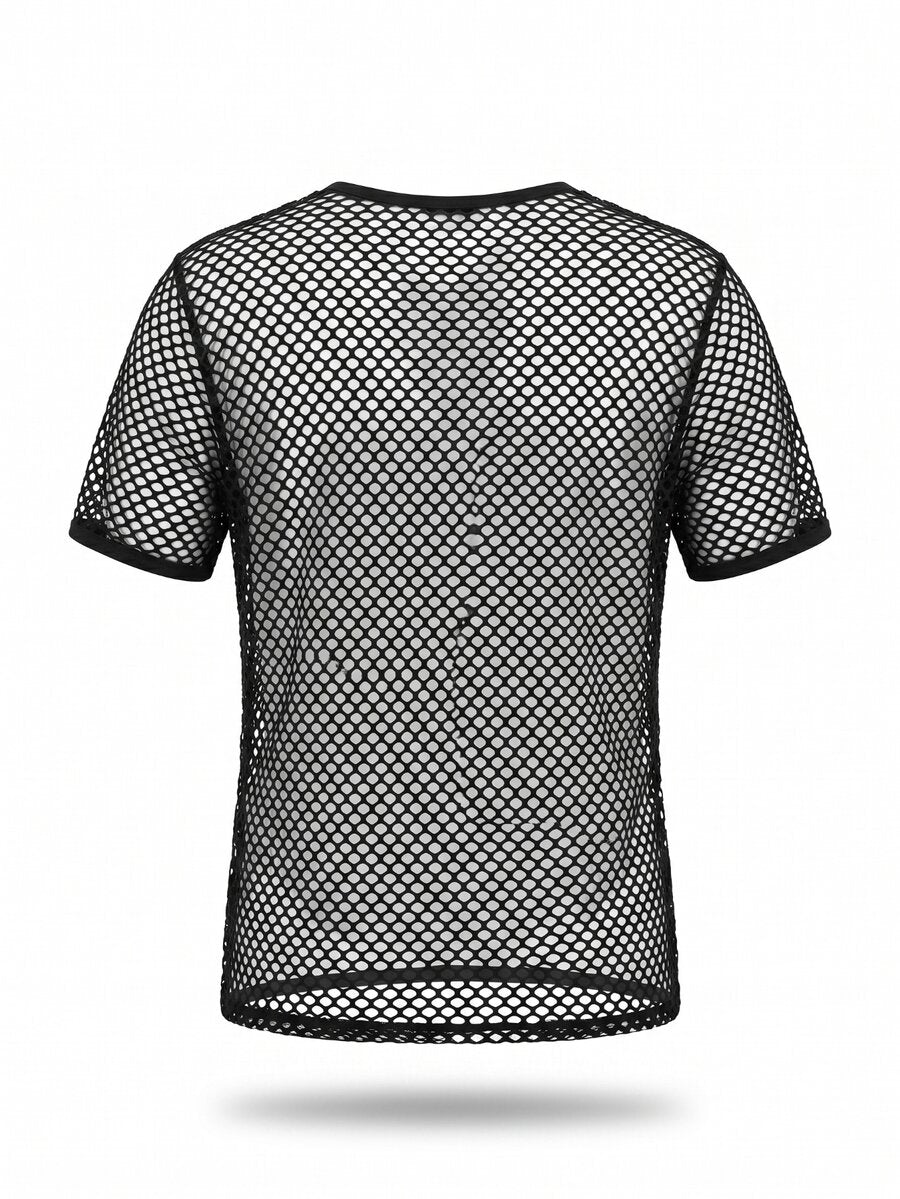 Black men's short sleeve sheer fishnet top with a round neck.