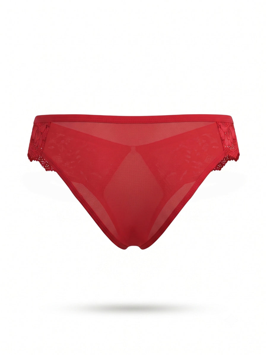 Red men's low-rise sheer mesh thong briefs with plant pattern, unlined design, and medium stretch fabric.