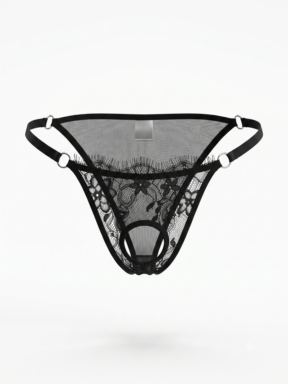 Men's black lace low rise thong featuring sheer plant pattern fabric and metal decor.