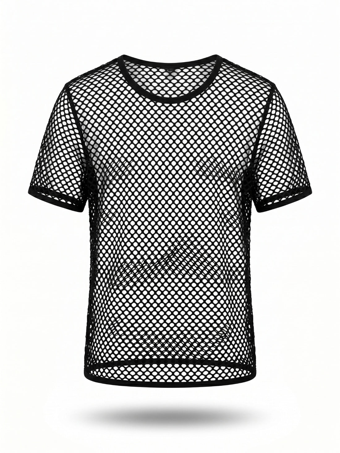 Black men's short sleeve sheer fishnet top with a round neck.