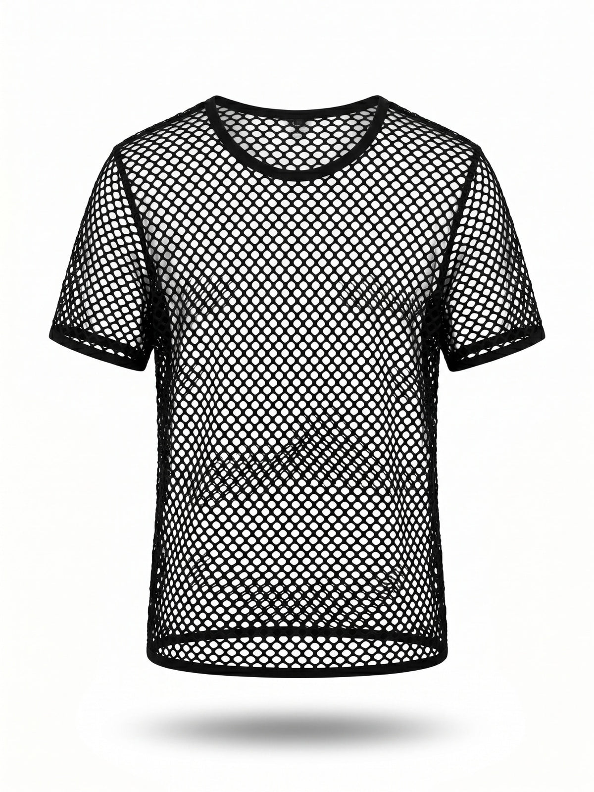 Black men's short sleeve sheer fishnet top with a round neck.