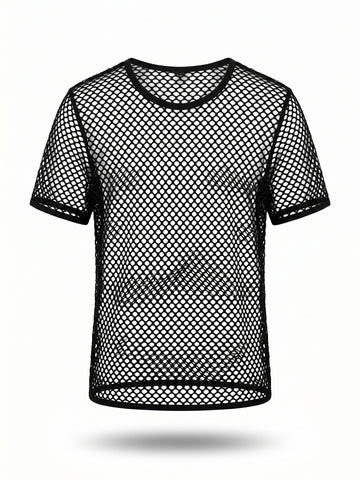Black men's short sleeve sheer fishnet top with a round neck.