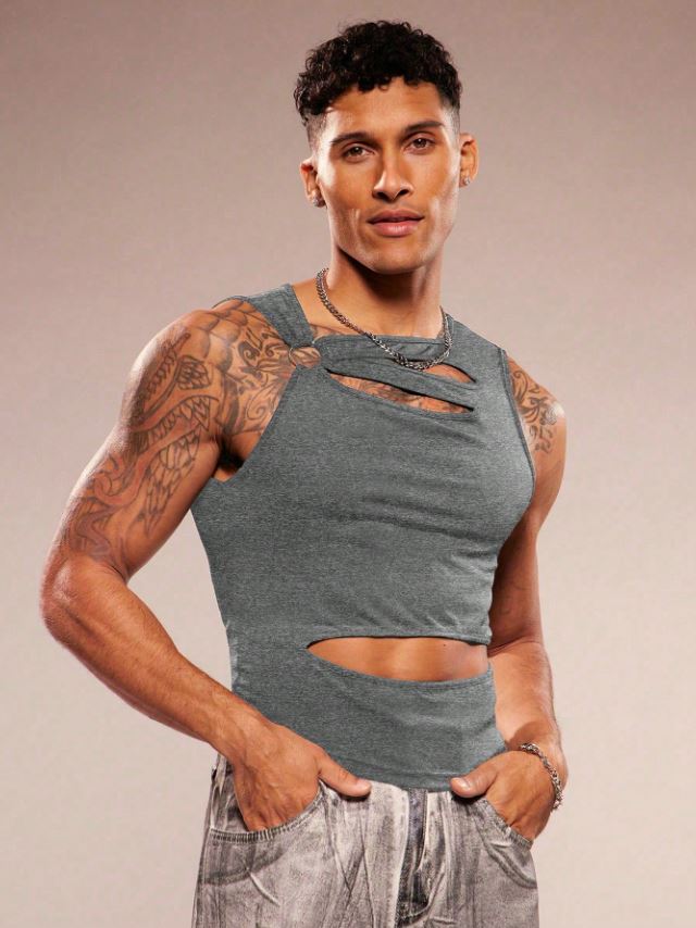 Men's Sleeveless Crew Neck Hollow-Out Knit Top