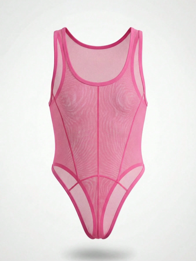 Solid Color Mesh-Panel Men's Sexy Bodysuit Lingerie