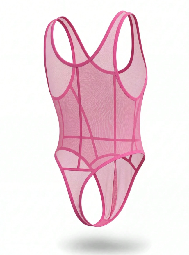 Solid Color Mesh-Panel Men's Sexy Bodysuit Lingerie